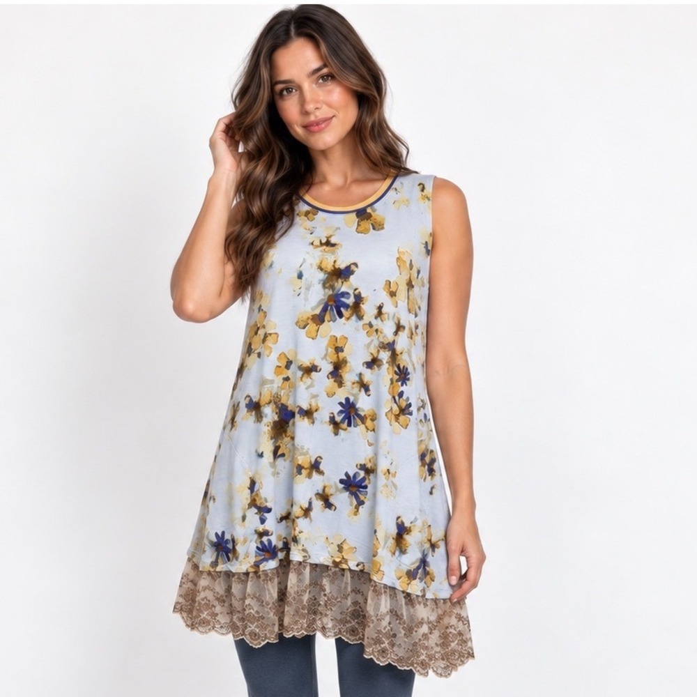 LOGO Lounge Tunic Top L Blue Floral Lace Trim Sleeveless Pockets